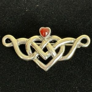 STERLING SILVER .925 Stamped Celtic Heart Knot Brooch Pin with Red Heart Stone